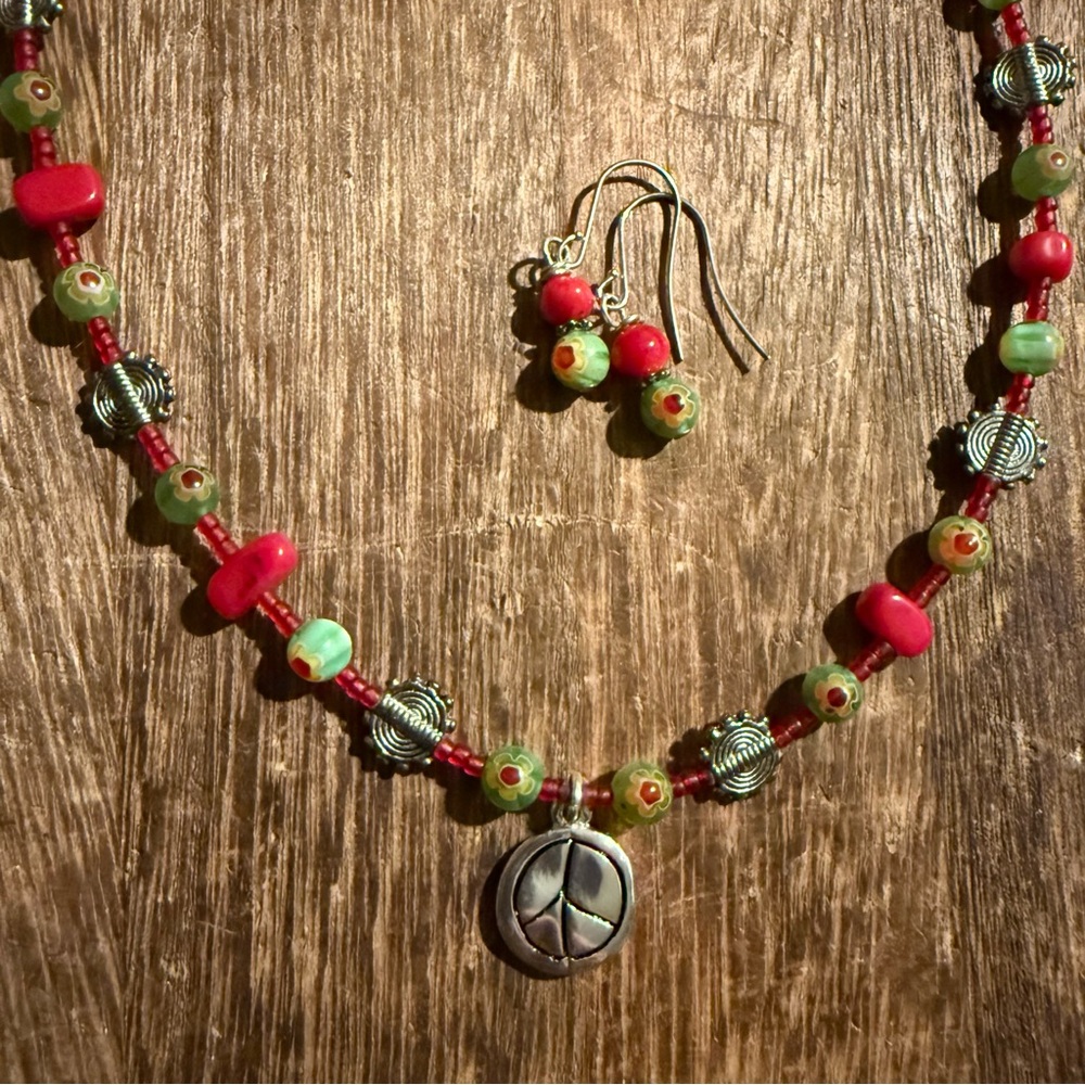 Peace Symbol Beaded Boho Necklace & Earring Set